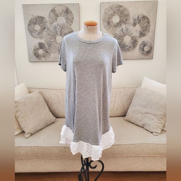 🌹 CHELSEA28 🌹 Eyelet Trim Short Sleeve Shift Dress - [Medium, Grey] - Picture 1 of 9